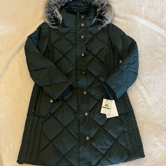 London Fog Faux Fur Trim Hooded Down Fill Coat in Dark Green Color size Large - Picture 5 of 10